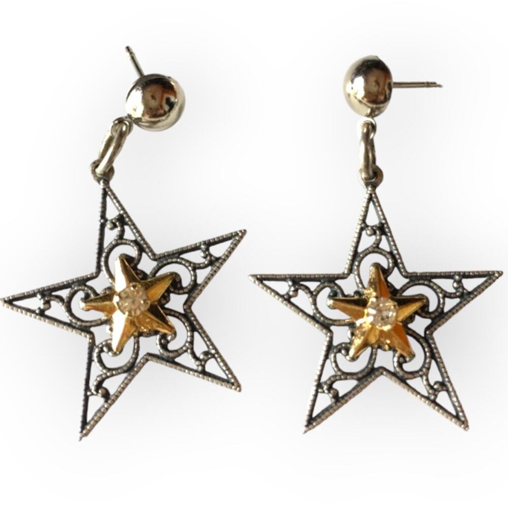 Filigree star silver tone post earrings, gold tone accent
